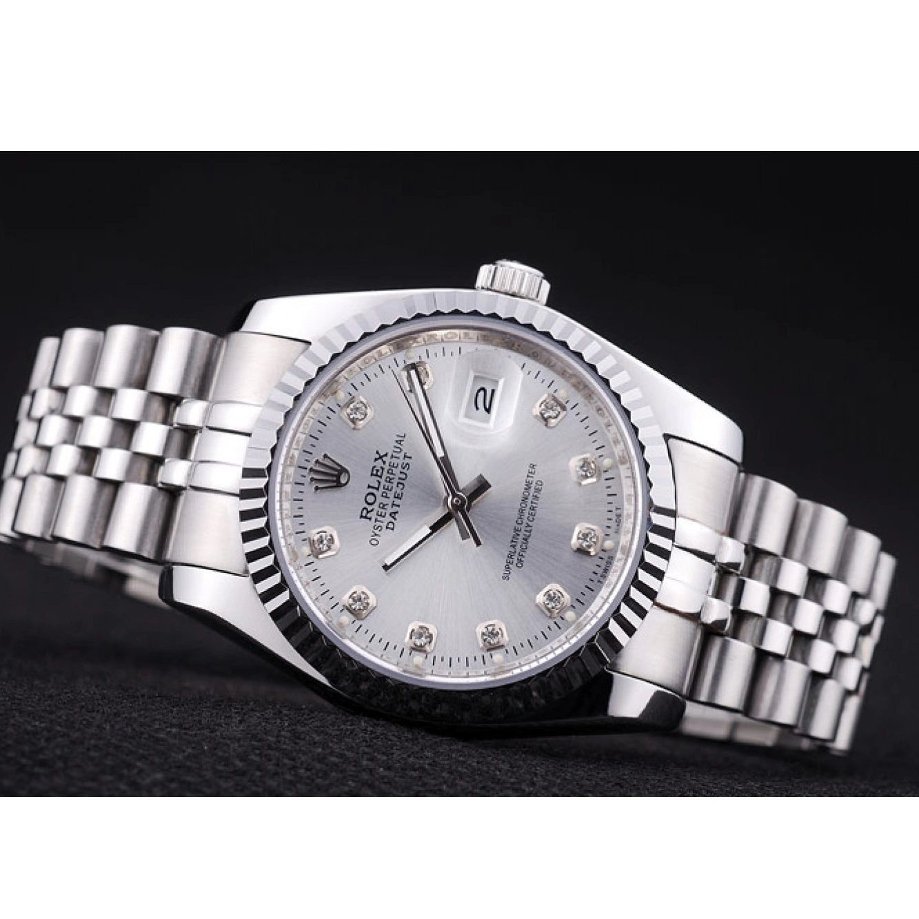 Aaa replica Datejust Dial Silver Diamonds Rolex 7455 Bezel Ribbed 0613